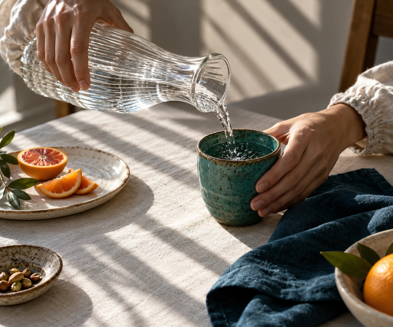 AI-generated concept: hands pouring water into a turquoise ceramic cup