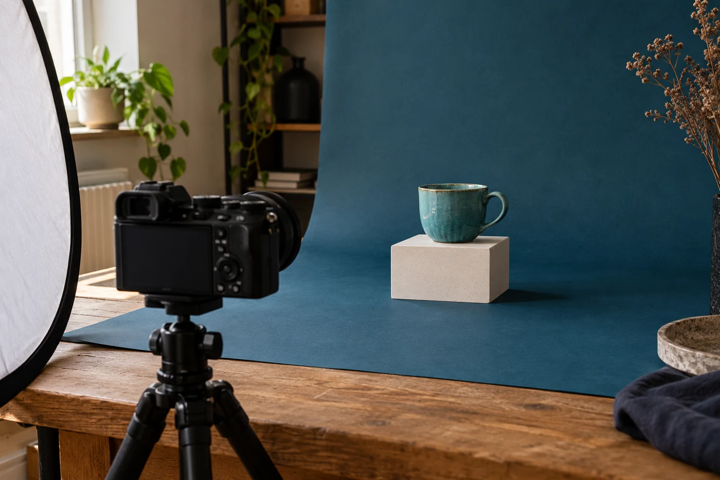 AI-generated concept: a camera and turquoise cup on a product photography set