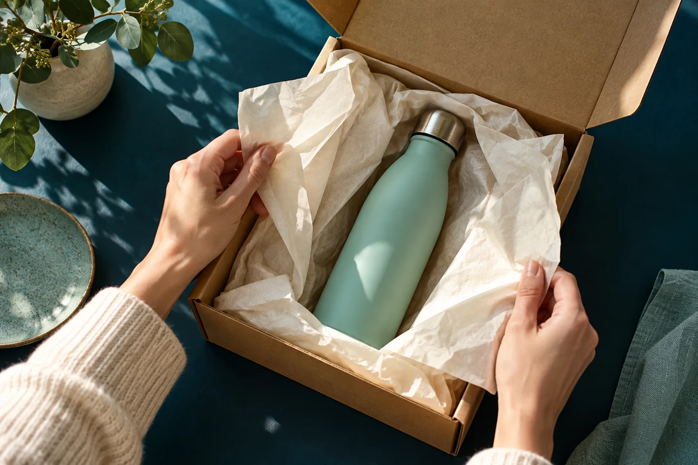AI-generated concept: hands unwrapping a reusable bottle
